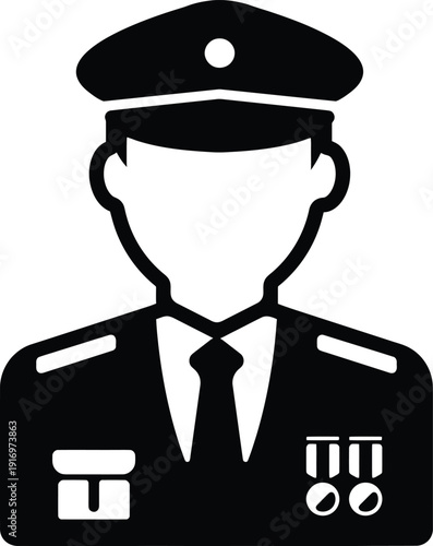 Professional black silhouette vector icon illustration of a high-ranking military officer in formal dress uniform featuring a peak cap and service medals for army leadership and defense AI Generative
