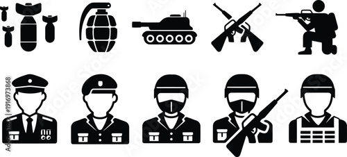 Comprehensive black silhouette icon set of military forces featuring soldiers in uniform tanks grenades bombs and rifles for army defense and war themed graphic design projects AI Generative
