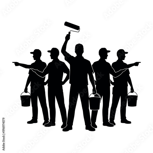 A group of five construction workers in silhouette standing together