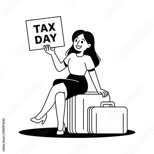 A cartoon woman sitting on a suitcase holding a Tax Day sign with a briefcase beside her