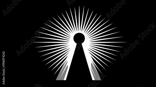 Black and white abstract with a keyhole design and radial lines emanating from the circle