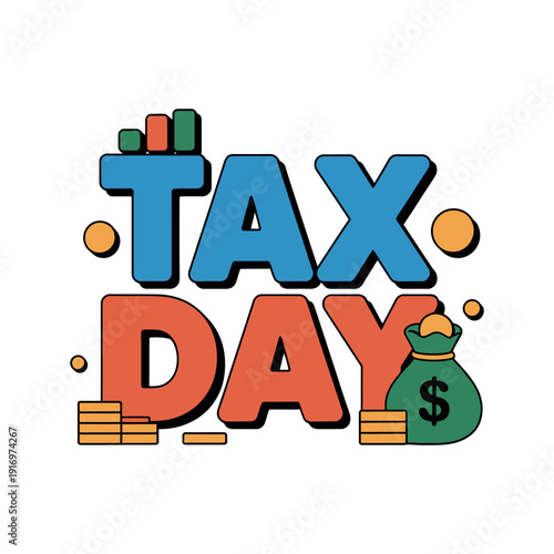 A colorful illustration of Tax Day with money and charts