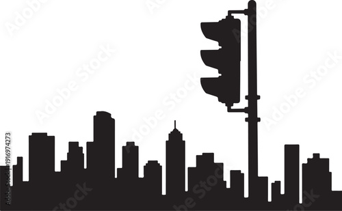 Black silhouette of city skyline with traffic light