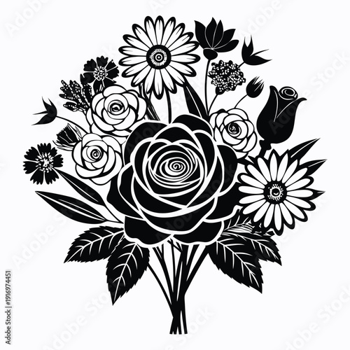 decorative floral bouquet silhouette line art vector illustration with a white background