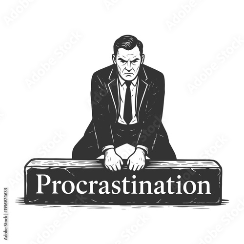 frustrated businessman leaning on massive block labeled Procrastination, symbolizing delay, lack of motivation, and productivity struggle sketch engraving generative ai vector illustration. 