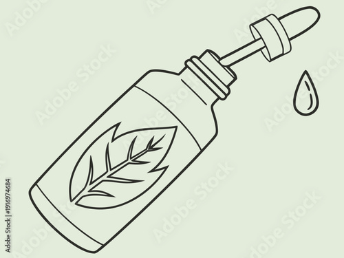 Minimalist Natural Cosmetic Serum Bottle Illustration with Dropper and Leaf