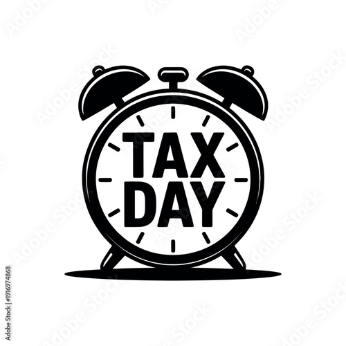 A black and white illustration of a tax day alarm clock
