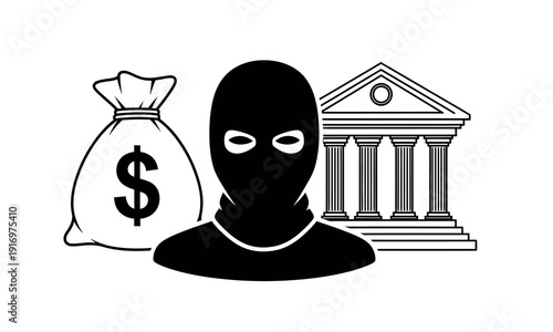 Black and white illustration of a masked thief with a money bag and a bank building in the background