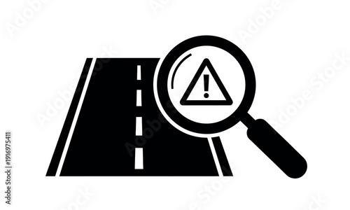 Black and white illustration of a road with a magnifying glass showing a warning sign on it