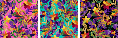 bright festive carnival ball mask and floral elements repeatable patterns for party decoration wallpaper and textile