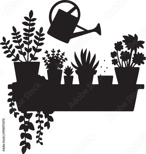 Black silhouette of potted plants and watering can on a windowsill