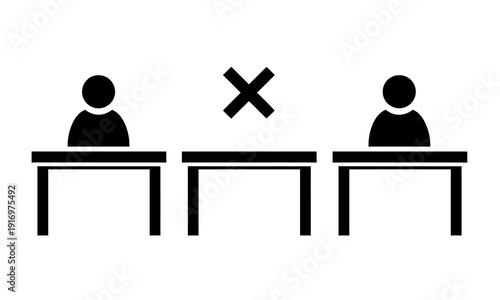 Two people sitting at separate desks with a rejection symbol between them