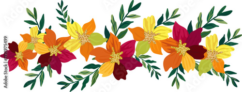 bright flower border colorful dahlias green leaves isolated white background vector horizontal floral frame wedding and party design