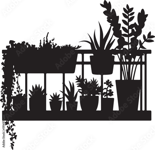 Black silhouette of potted plants on a window sill