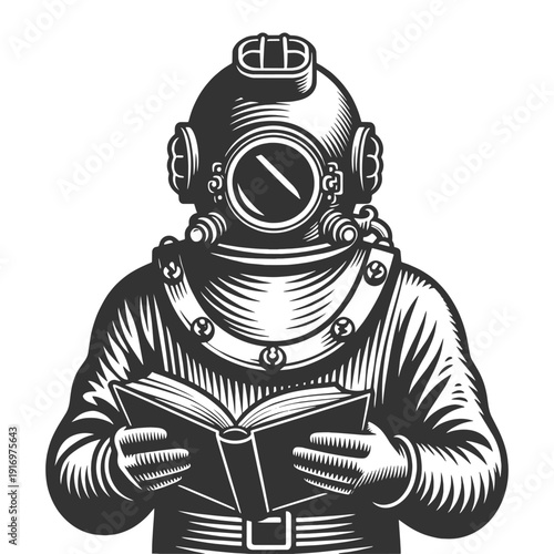 classic deep sea diver in heavy helmet reading a book, knowledge, exploration, curiosity, and underwater adventure sketch engraving generative ai vector illustration. Scratch board imitation. 