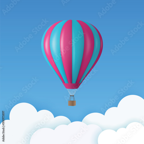 Vector Travel Banner with 3d Realistic Pink and Blue Hot Air Balloon Icon on a Blue Sky Background. Design Template, Summer Vacation, Travelling, Tourism and Journey Concept