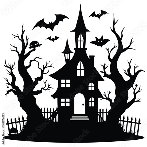 creepy house silhouette line art vector illustration with a white background