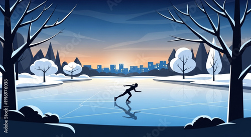 Person ice skating on frozen pond in winter city park at sunset with bare trees and snow