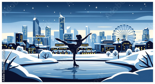 Woman ice skating alone on frozen pond in city at night with ferris wheel and skyscrapers in background