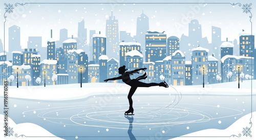 Woman ice skating on frozen pond in snowy cityscape with skyscrapers and buildings in background during winter