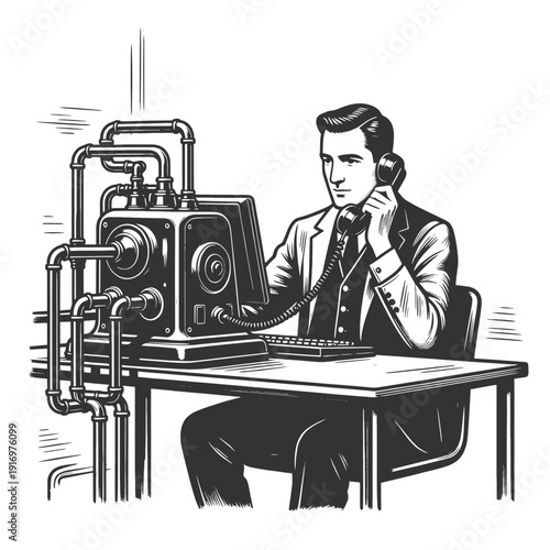 businessman speaking on telephone while operating mechanical computer with pipes and gauges, symbolizing early technology and communication systems sketch engraving generative ai vector illustration. 