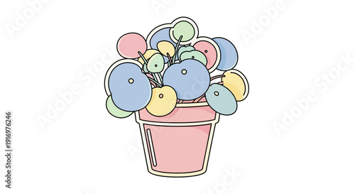 Colorful balloons in a pink bucket.