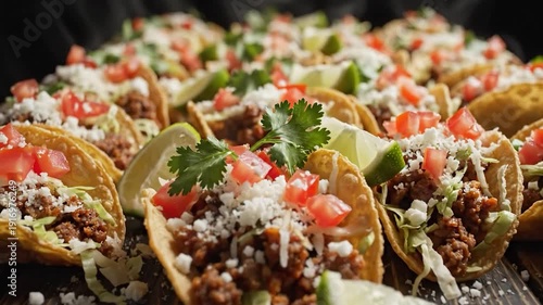 A delicious assortment of tacos with various toppings on a wooden table