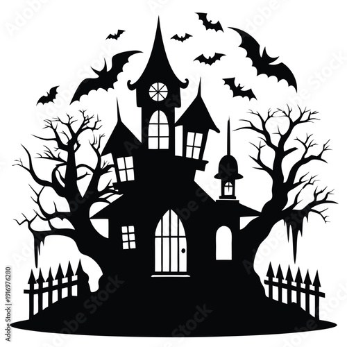 creepy house silhouette line art vector illustration with a white background