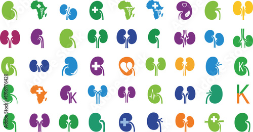 Colorful kidney icons set for medical health awareness