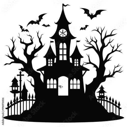 creepy house silhouette line art vector illustration with a white background