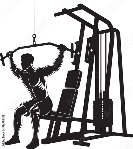 Man exercising on weight machine in black and white