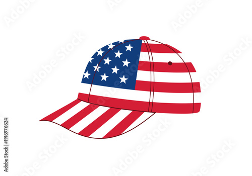Red and white baseball cap with American flag design  
