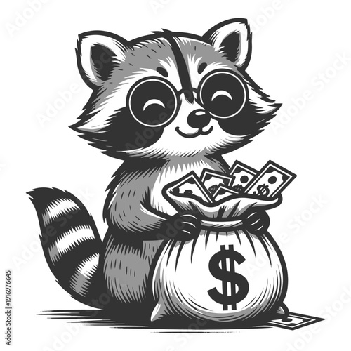 raccoon wearing sunglasses and smiling while holding a large money bag full of cash sketch engraving generative ai fictional character vector illustration. Scratch board imitation. Black and white.