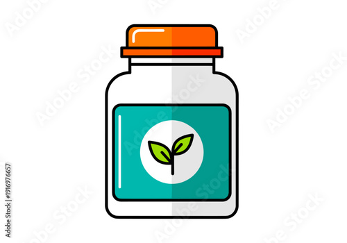 Loose leaf tea jar with green leaves illustration and orange lid  