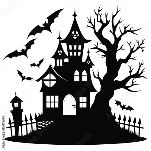 creepy house silhouette line art vector illustration with a white background
