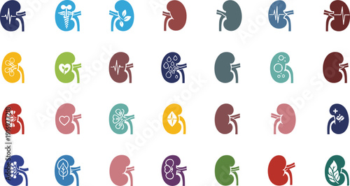 Kidney health icons in various colors and styles for medical use