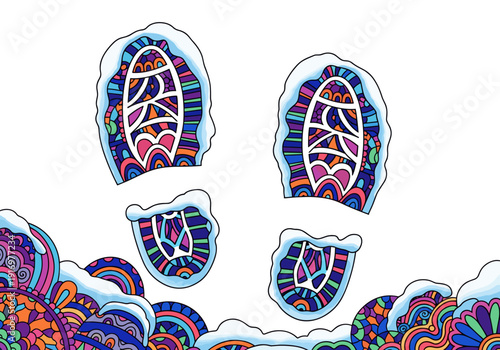 Colorful snowshoe prints on white background with organic patterns  