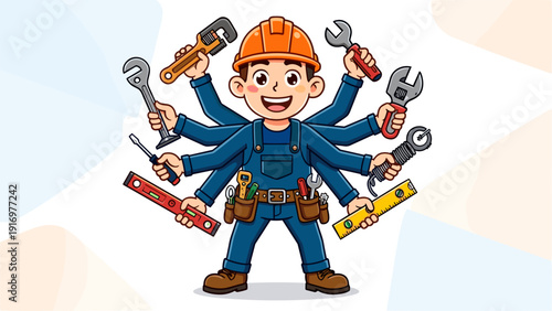 Cartoon construction worker with multiple tools and happy expression  
