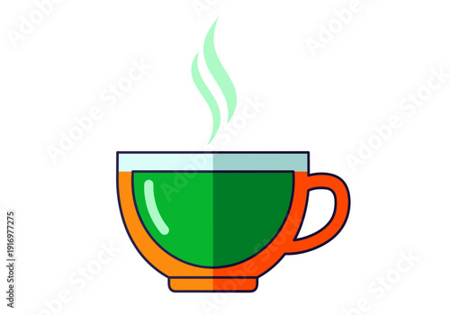 Green tea cup with steam in flat design style  