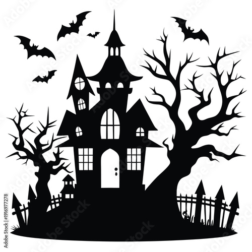 creepy house silhouette line art vector illustration with a white background