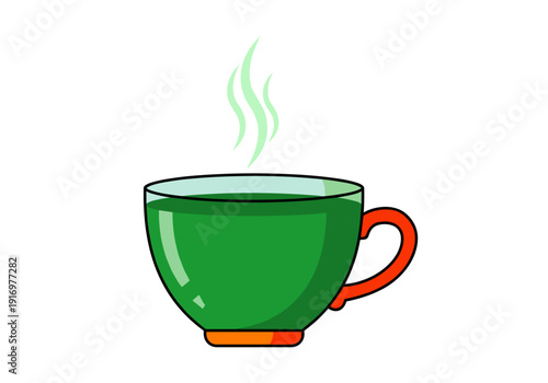 Green tea in a cup with steam on a white background  