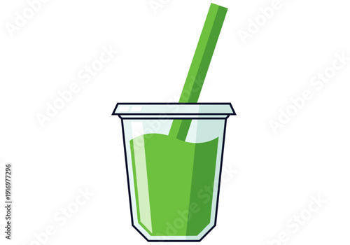 Green smoothie in transparent cup with straw  
