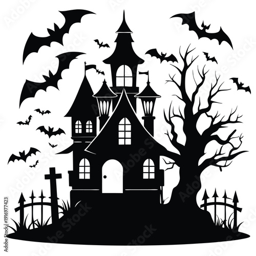 creepy house silhouette line art vector illustration with a white background