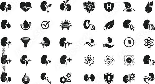 Kidney health icons set for medical and wellness