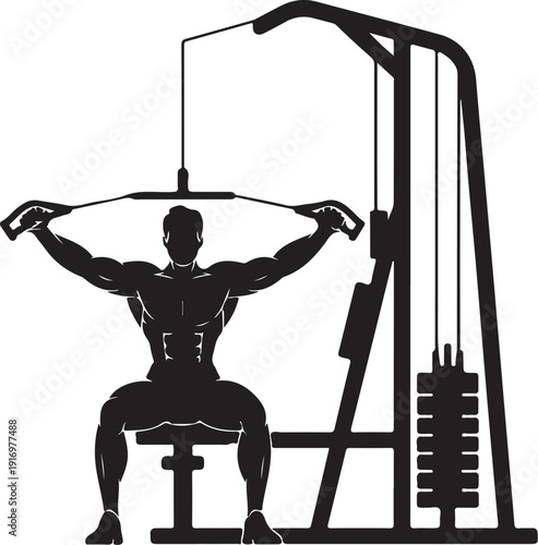 Silhouette of a person doing a lat pulldown exercise on a gym machine
