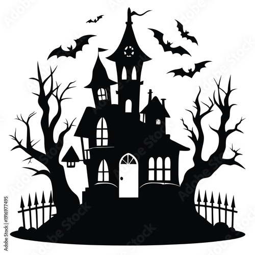 creepy house silhouette line art vector illustration with a white background
