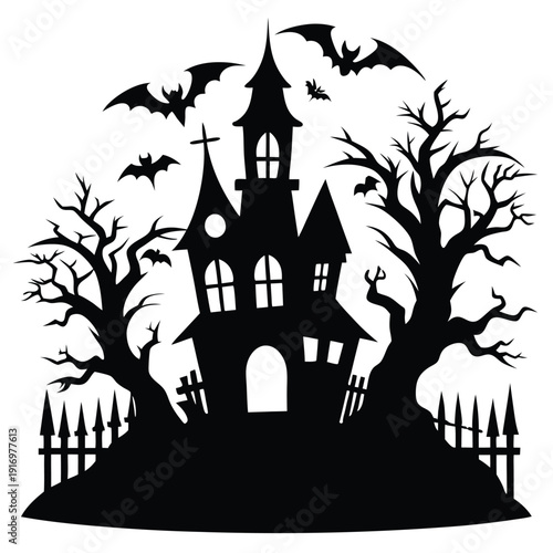 creepy house silhouette line art vector illustration with a white background
