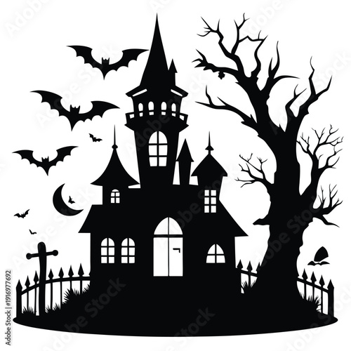 creepy house silhouette line art vector illustration with a white background