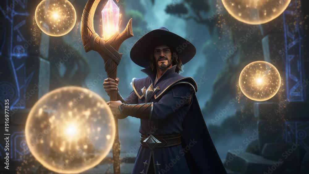 Man wizard in a dark forest casting magic with glowing orbs. 3D cartoon ...