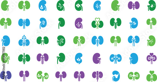 Kidney icons in various colors and styles for health and medical concepts